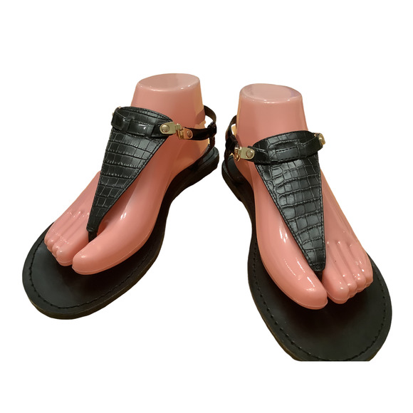 VINCE CAMUTO “ITELLI” CROC EMBOSSED BLACK LEATHER SANDALS 9M - Picture 2 of 10